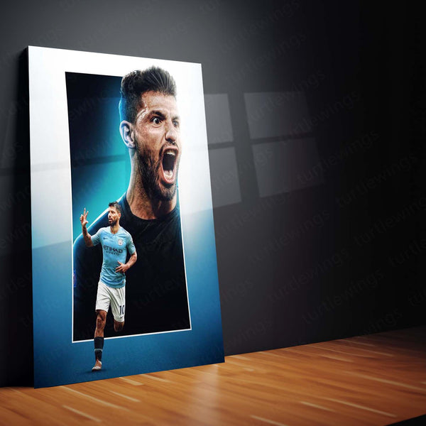 Manchester City Player #10 Celebration – Sky Blue Kit Metal Frame | Etihad Football Wall Art - TURTLEWINGS 