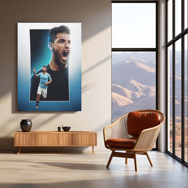 Manchester City Player #10 Celebration – Sky Blue Kit Metal Frame | Etihad Football Wall Art - TURTLEWINGS 