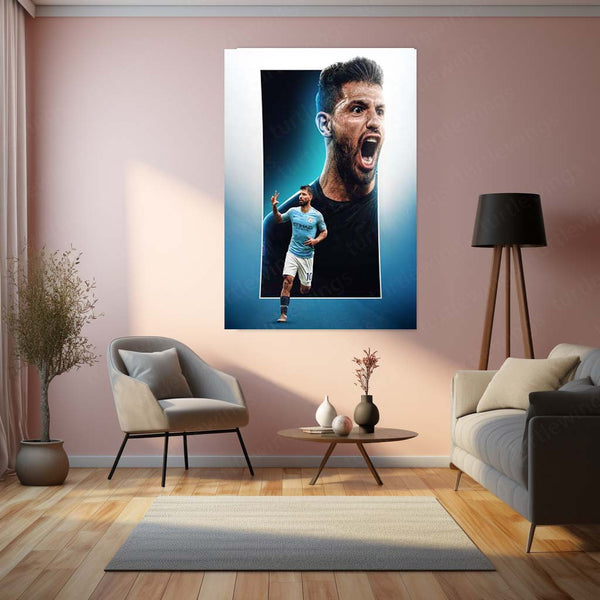 Manchester City Player #10 Celebration – Sky Blue Kit Metal Frame | Etihad Football Wall Art - TURTLEWINGS 