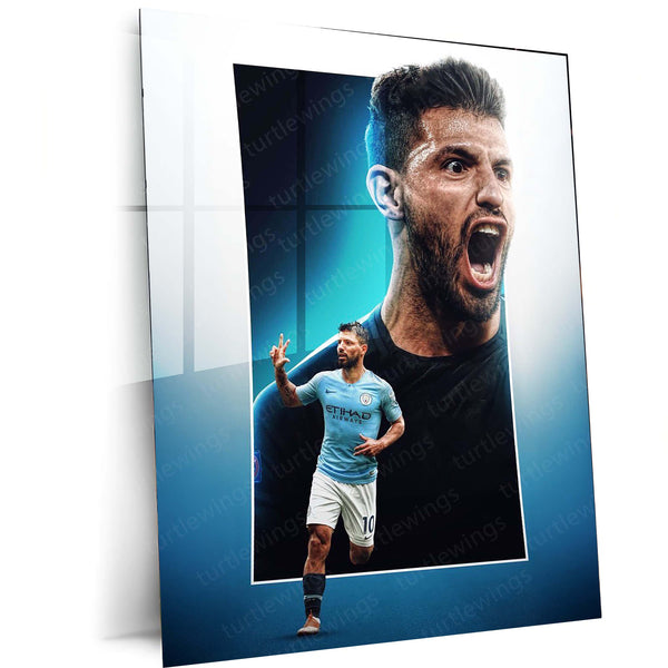 Manchester City Player #10 Celebration – Sky Blue Kit Metal Frame | Etihad Football Wall Art - TURTLEWINGS 