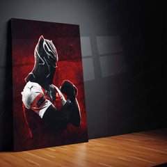 Black Panther in Arsenal Jersey Metal Frame – Fiery Red Background | Marvel x Football Crossover Wall Art - TURTLEWINGS 