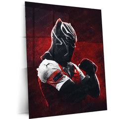 Black Panther in Arsenal Jersey Metal Frame – Fiery Red Background | Marvel x Football Crossover Wall Art - TURTLEWINGS 