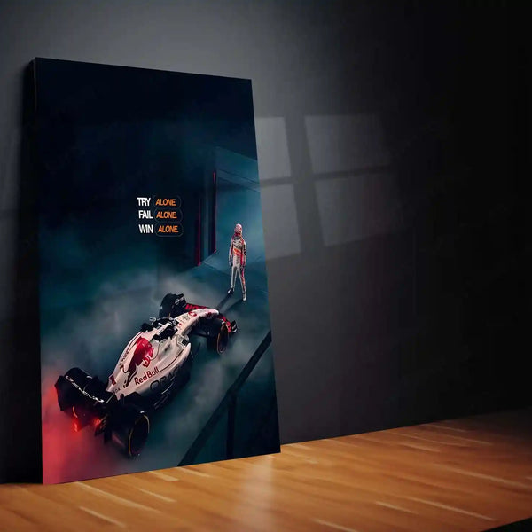 Quote Metal Poster | Max Verstappen – TRY ALONE. FAIL ALONE. WIN ALONE. | Lone Wolf Focus & Champion Mindset Metal Frame - TURTLEWINGS 