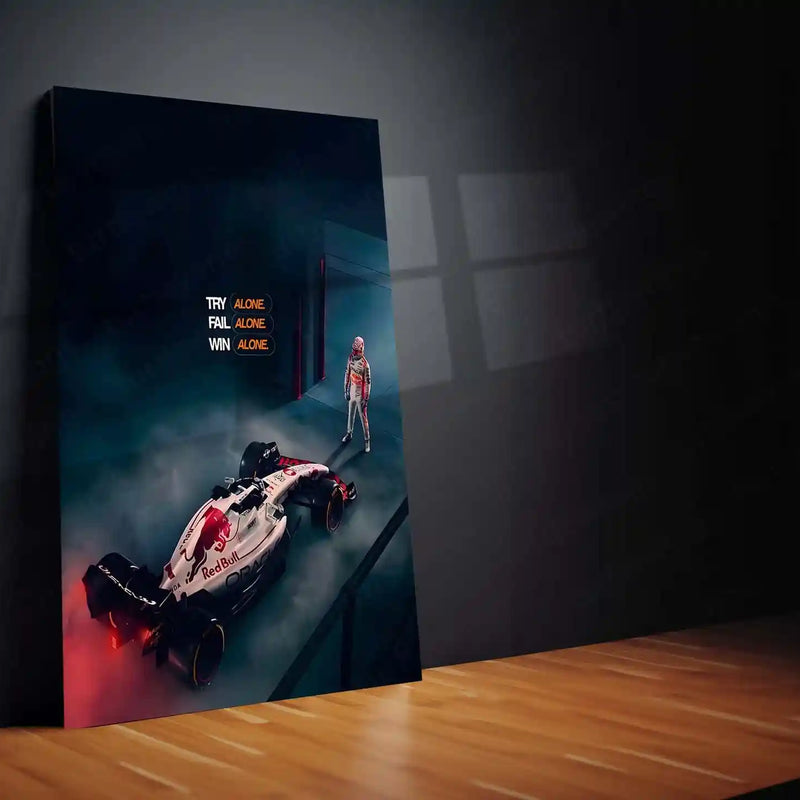 Quote Metal Poster | Max Verstappen – TRY ALONE. FAIL ALONE. WIN ALONE. | Lone Wolf Focus & Champion Mindset Metal Frame - TURTLEWINGS 
