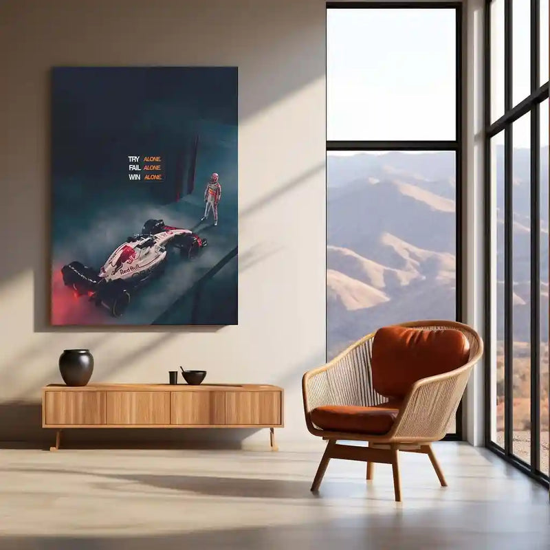 Quote Metal Poster | Max Verstappen – TRY ALONE. FAIL ALONE. WIN ALONE. | Lone Wolf Focus & Champion Mindset Metal Frame - TURTLEWINGS 