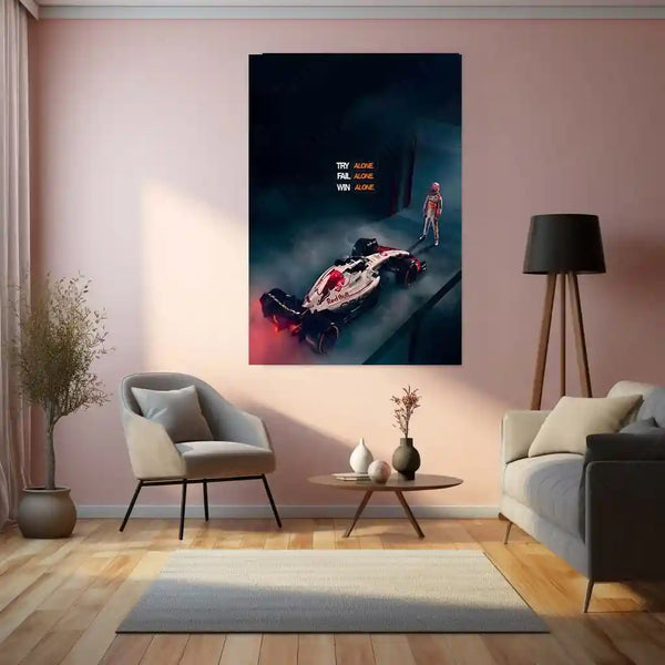Quote Metal Poster | Max Verstappen – TRY ALONE. FAIL ALONE. WIN ALONE. | Lone Wolf Focus & Champion Mindset Metal Frame - TURTLEWINGS 