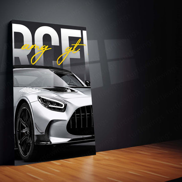 Car Metal Poster Set of 3 | Mercedes-AMG GT | Silver Performance Sports Car Triptych Wall Art | Premium Automotive Metal Print