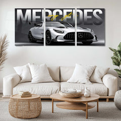 Car Metal Poster Set of 3 | Mercedes-AMG GT | Silver Performance Sports Car Triptych Wall Art | Premium Automotive Metal Print
