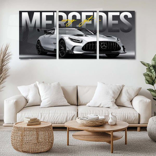 Car Metal Poster Set of 3 | Mercedes-AMG GT | Silver Performance Sports Car Triptych Wall Art | Premium Automotive Metal Print