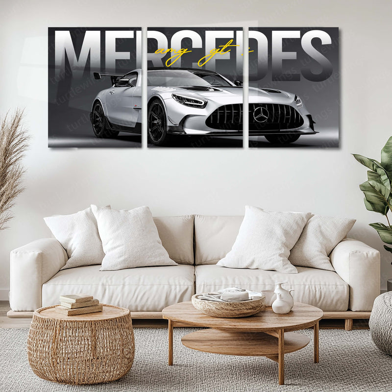 Car Metal Poster Set of 3 | Mercedes-AMG GT | Silver Performance Sports Car Triptych Wall Art | Premium Automotive Metal Print