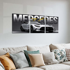 Car Metal Poster Set of 3 | Mercedes-AMG GT | Silver Performance Sports Car Triptych Wall Art | Premium Automotive Metal Print