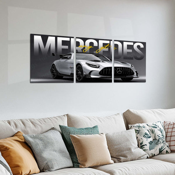 Car Metal Poster Set of 3 | Mercedes-AMG GT | Silver Performance Sports Car Triptych Wall Art | Premium Automotive Metal Print