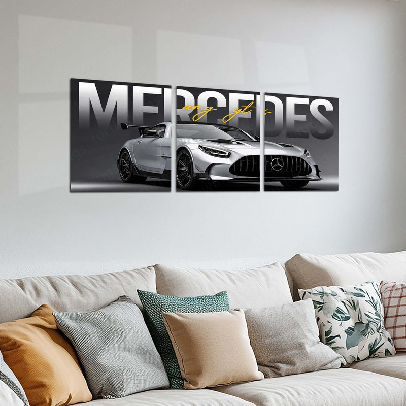 Car Metal Poster Set of 3 | Mercedes-AMG GT | Silver Performance Sports Car Triptych Wall Art | Premium Automotive Metal Print