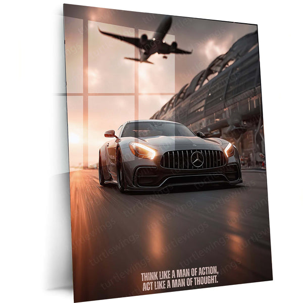 Cars Metal Poster | Mercedes-AMG GT with Jet – Speed & Power Metal Poster | Supercar Wall Frame