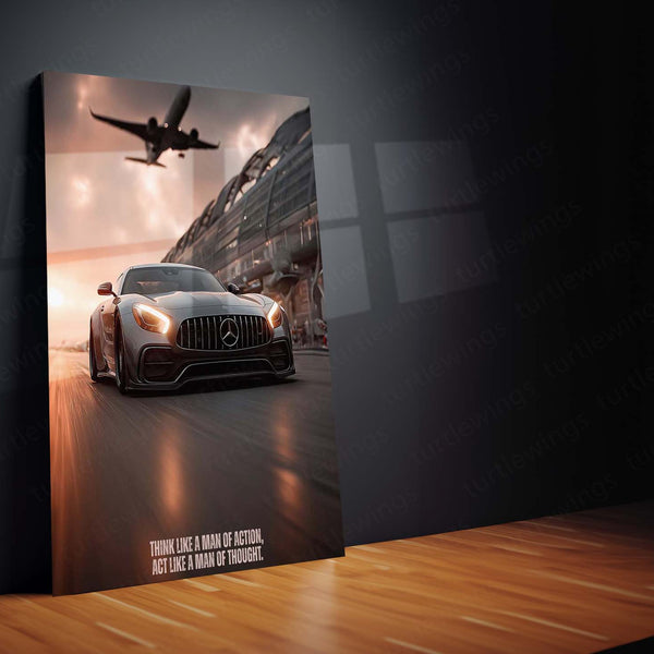 Cars Metal Poster | Mercedes-AMG GT with Jet – Speed & Power Metal Poster | Supercar Wall Frame