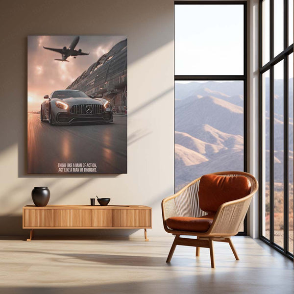 Cars Metal Poster | Mercedes-AMG GT with Jet – Speed & Power Metal Poster | Supercar Wall Frame