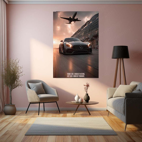 Cars Metal Poster | Mercedes-AMG GT with Jet – Speed & Power Metal Poster | Supercar Wall Frame