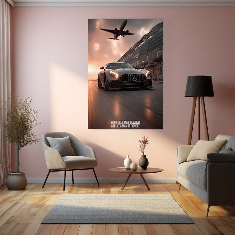 Cars Metal Poster | Mercedes-AMG GT with Jet – Speed & Power Metal Poster | Supercar Wall Frame