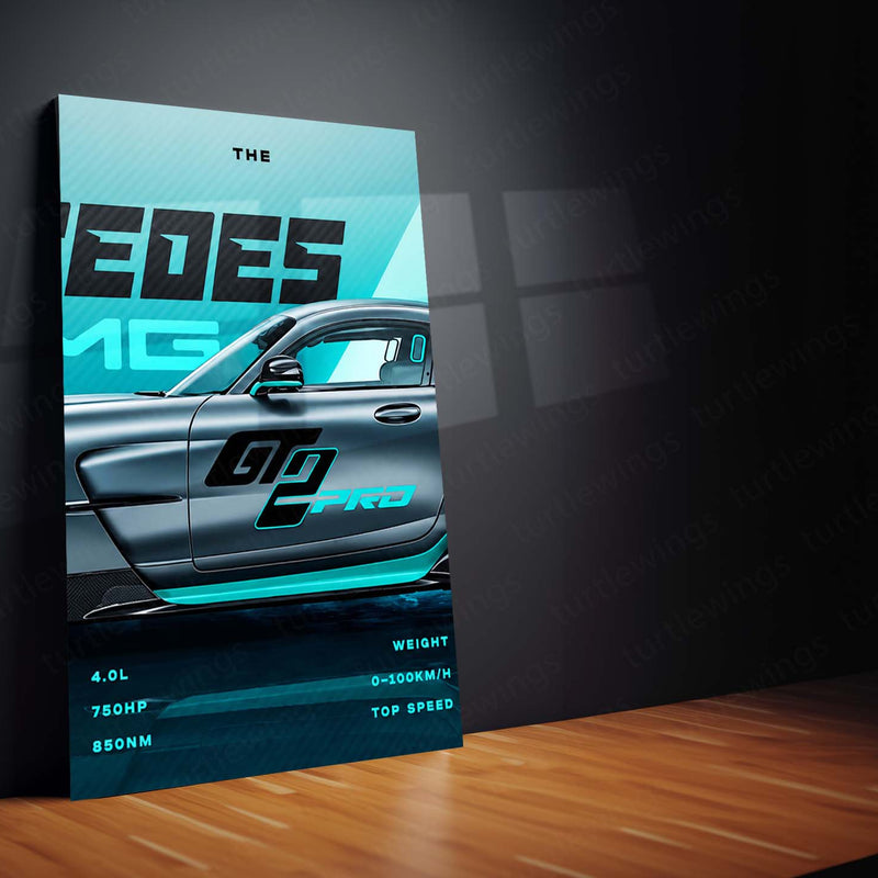 Car Metal Poster Set of 3 | Mercedes-AMG GT2 Pro | Grey Track Supercar Triptych Wall Art | Premium Automotive Metal Print
