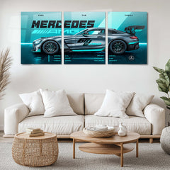 Car Metal Poster Set of 3 | Mercedes-AMG GT2 Pro | Grey Track Supercar Triptych Wall Art | Premium Automotive Metal Print