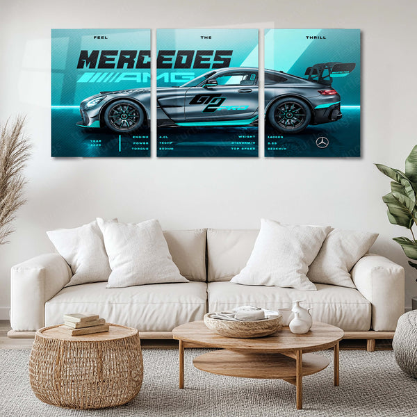 Car Metal Poster Set of 3 | Mercedes-AMG GT2 Pro | Grey Track Supercar Triptych Wall Art | Premium Automotive Metal Print