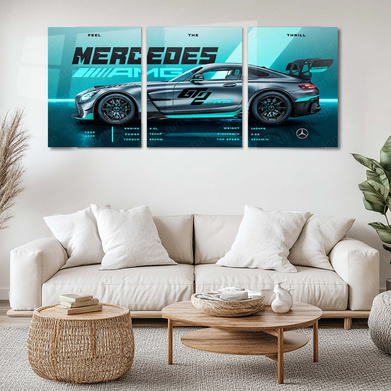 Car Metal Poster Set of 3 | Mercedes-AMG GT2 Pro | Grey Track Supercar Triptych Wall Art | Premium Automotive Metal Print