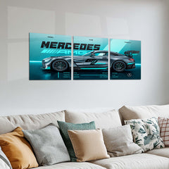 Car Metal Poster Set of 3 | Mercedes-AMG GT2 Pro | Grey Track Supercar Triptych Wall Art | Premium Automotive Metal Print