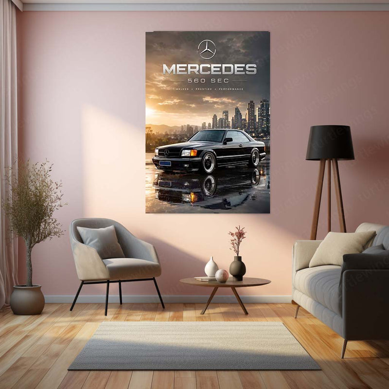 Mercedes-Benz 560 SEC Metal Poster | Classic Luxury Coupe Wall Art