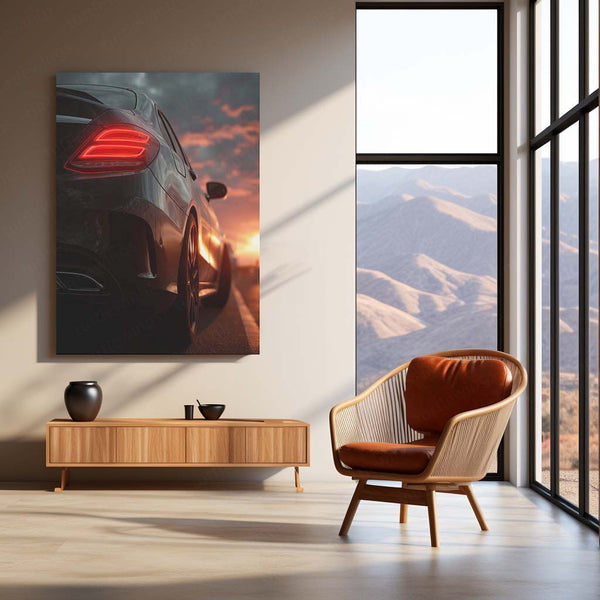 Mercedes Coupe – Sunset Drive Neon LED Metal Poster | Luxury Car Glow Art | Golden Hour Automotive Wall Frame