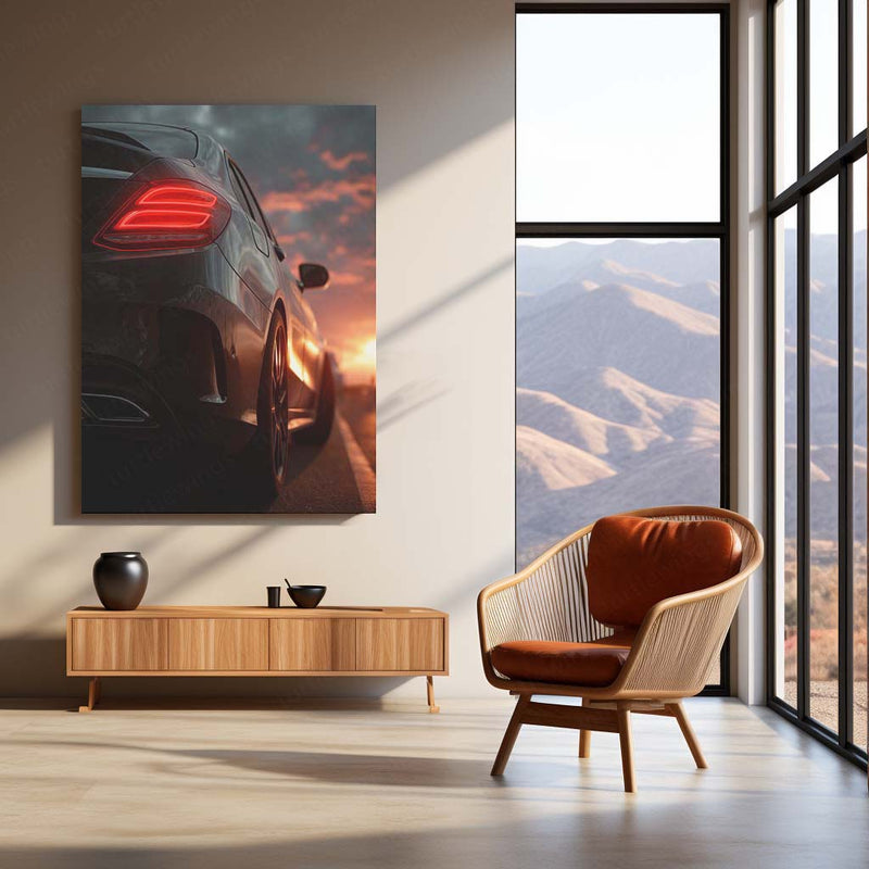 Mercedes Coupe – Sunset Drive Neon LED Metal Poster | Luxury Car Glow Art | Golden Hour Automotive Wall Frame
