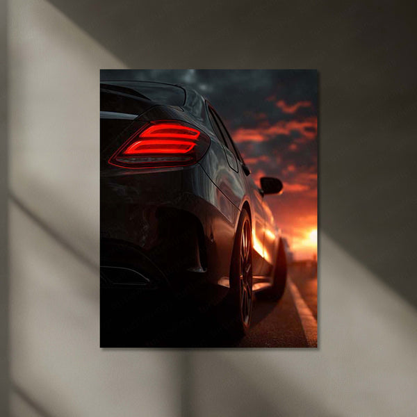 Mercedes Coupe – Sunset Drive Neon LED Metal Poster | Luxury Car Glow Art | Golden Hour Automotive Wall Frame
