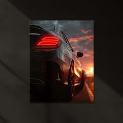 Mercedes Coupe – Sunset Drive Neon LED Metal Poster | Luxury Car Glow Art | Golden Hour Automotive Wall Frame