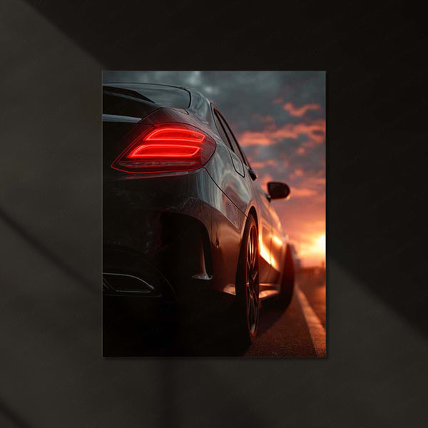 Mercedes Coupe – Sunset Drive Neon LED Metal Poster | Luxury Car Glow Art | Golden Hour Automotive Wall Frame