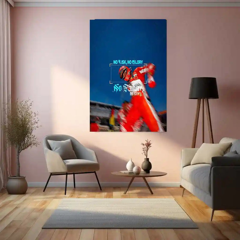 Quote Metal Poster | Michael Schumacher – NO RISK, NO GLORY | No Failure, No Story | Legacy, Courage & Champion Mindset Metal Frame - TURTLEWINGS 