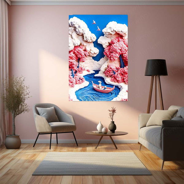 Milky River – Dreamy Cherry Blossom Landscape Artwork | Fantasy Nature Metal Frame Poster