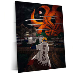 Anime Metal Poster | Minato Namikaze Fourth Hokage & Nine-Tails Kurama Metal Poster | Naruto Konoha Anime Wall Art | Premium