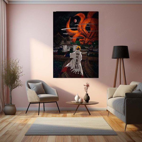 Anime Metal Poster | Minato Namikaze Fourth Hokage & Nine-Tails Kurama Metal Poster | Naruto Konoha Anime Wall Art | Premium