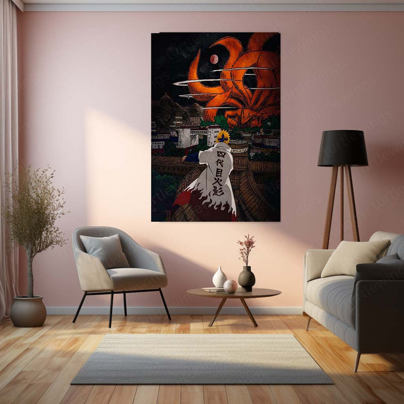 Anime Metal Poster | Minato Namikaze Fourth Hokage & Nine-Tails Kurama Metal Poster | Naruto Konoha Anime Wall Art | Premium