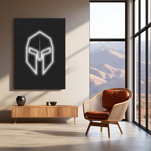 Minimalist Spartan Helmet – Neon LED Metal Poster | Warrior Spirit Wall Frame