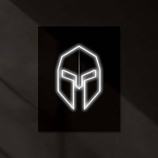 Minimalist Spartan Helmet – Neon LED Metal Poster | Warrior Spirit Wall Frame