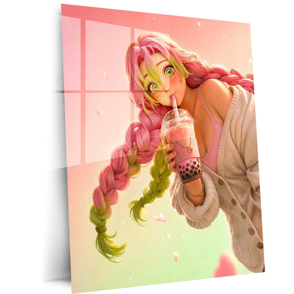 Anime Metal Poster | Mitsuri Kanroji Metal Poster | Demon Slayer Anime Wall Art | Pink & Green Kawaii Character Metal Print