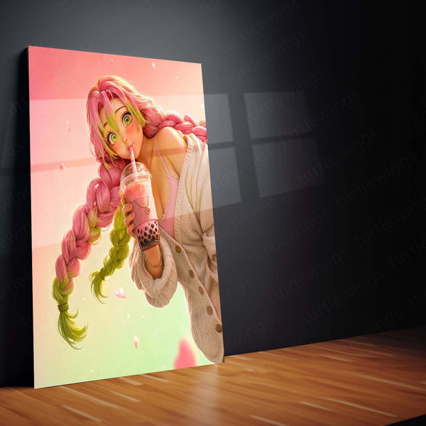 Anime Metal Poster | Mitsuri Kanroji Metal Poster | Demon Slayer Anime Wall Art | Pink & Green Kawaii Character Metal Print