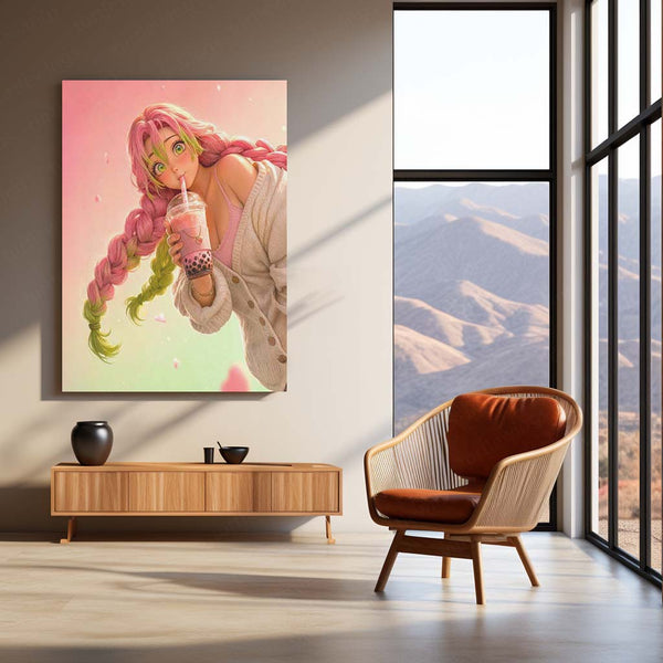 Anime Metal Poster | Mitsuri Kanroji Metal Poster | Demon Slayer Anime Wall Art | Pink & Green Kawaii Character Metal Print
