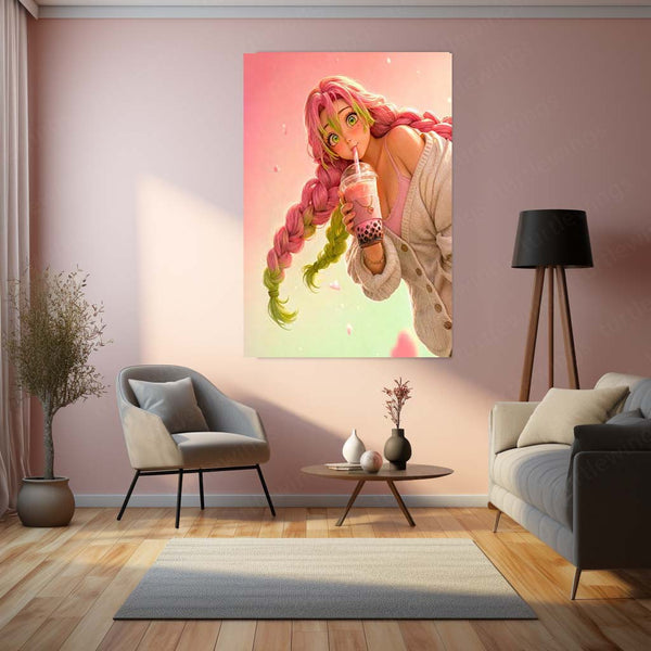 Anime Metal Poster | Mitsuri Kanroji Metal Poster | Demon Slayer Anime Wall Art | Pink & Green Kawaii Character Metal Print