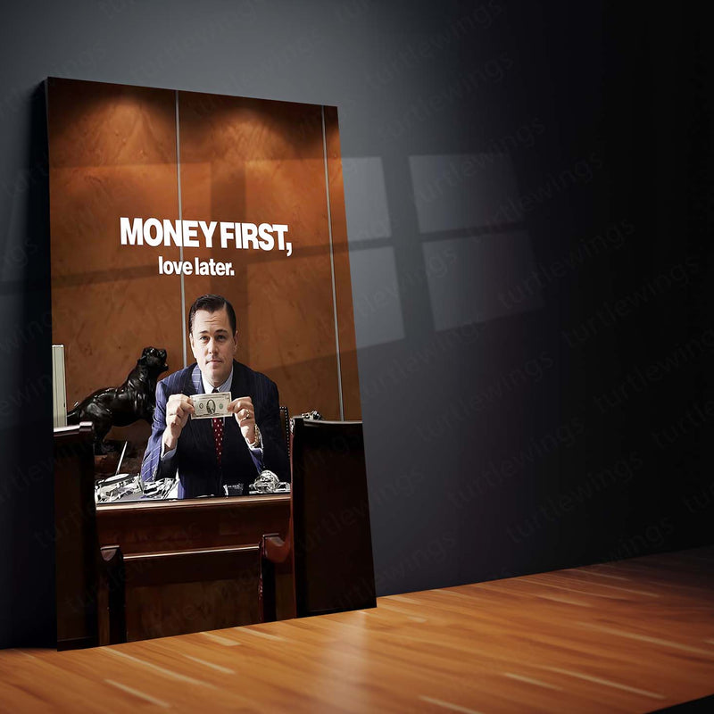 Quote Metal Poster | Leonardo DiCaprio – Money First, Love Later Metal Frame Wealth Discipline & Priority Mindset Wall Art | Power, Focus & Modern Hustler Quote Metal Poster