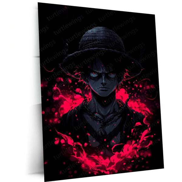 Anime Metal Poster | Monkey D. Luffy Dark Aura Metal Poster | One Piece Anime Wall Art | Red & Black Pirate Power Metal Print