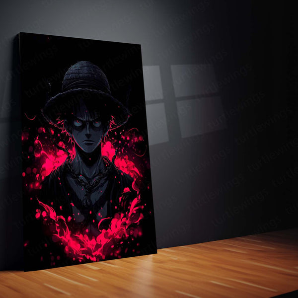 Anime Metal Poster | Monkey D. Luffy Dark Aura Metal Poster | One Piece Anime Wall Art | Red & Black Pirate Power Metal Print