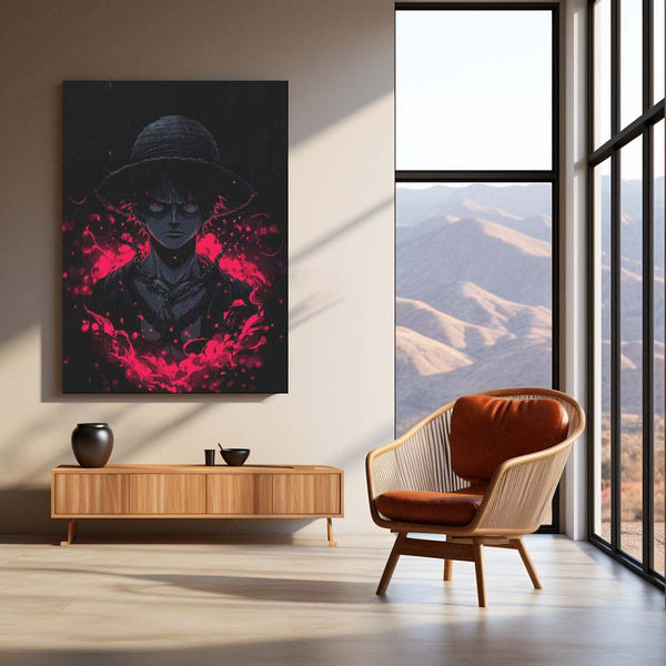 Anime Metal Poster | Monkey D. Luffy Dark Aura Metal Poster | One Piece Anime Wall Art | Red & Black Pirate Power Metal Print