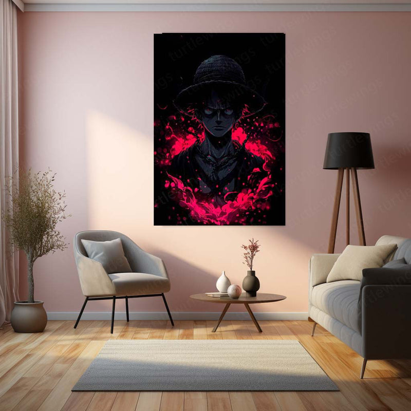 Anime Metal Poster | Monkey D. Luffy Dark Aura Metal Poster | One Piece Anime Wall Art | Red & Black Pirate Power Metal Print