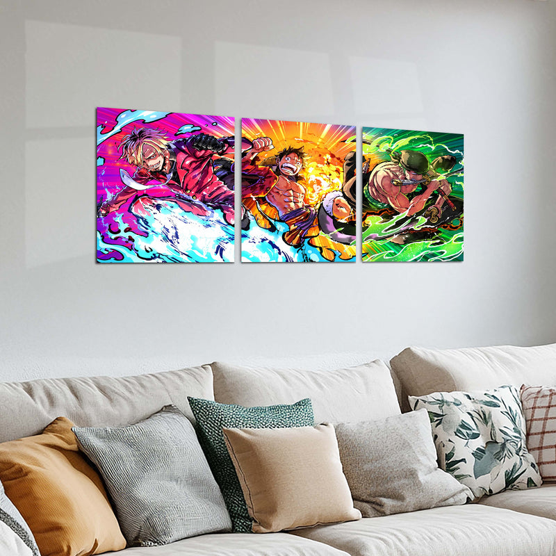 Anime Metal Poster Set of 3 | One Piece | Monster Trio Luffy Zoro & Sanji Triptych Wall Art